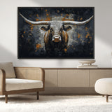 93195031-MGV-CV-36X24-Dark Longhorn Bull Wall Art – Western Steer Canvas Print, Moody Rustic Animal Painting for Man Cave, Ranch House, Office or Modern