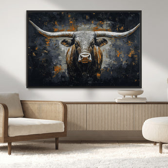93195031-MGV-CV-36X24-Dark Longhorn Bull Wall Art – Western Steer Canvas Print, Moody Rustic Animal Painting for Man Cave, Ranch House, Office or Modern