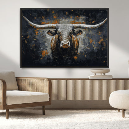 93195031-MGV-CV-36X24-Dark Longhorn Bull Wall Art – Western Steer Canvas Print, Moody Rustic Animal Painting for Man Cave, Ranch House, Office or Modern