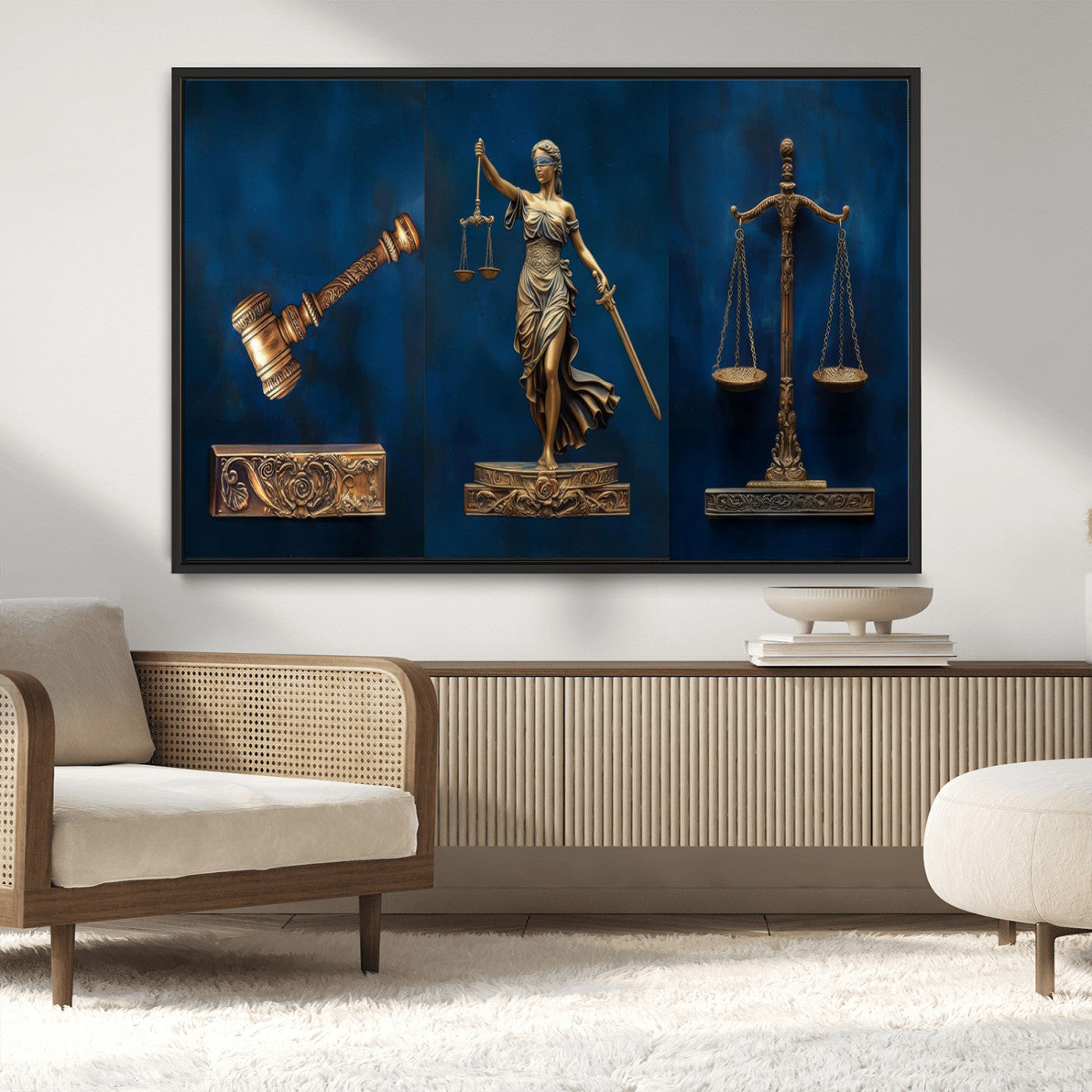 91629053-MGV-CV-36X24-Lady Justice Wall Art – Golden Gavel and Scales Canvas Print, Elegant Legal Office Decor for Lawyers, Judges, Courtroom or Study