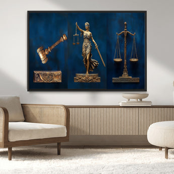 91629053-MGV-CV-36X24-Lady Justice Wall Art – Golden Gavel and Scales Canvas Print, Elegant Legal Office Decor for Lawyers, Judges, Courtroom or Study