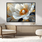 39604126-MGV-CV-36X24-Abstract Flower Wall Art – Elegant White and Gold Bloom Canvas Print, Modern Floral Artwork for Bedroom, Living Room, or Office