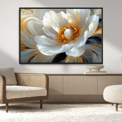 39604126-MGV-CV-36X24-Abstract Flower Wall Art – Elegant White and Gold Bloom Canvas Print, Modern Floral Artwork for Bedroom, Living Room, or Office