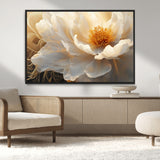 29539087-MGV-CV-36X24-Floral Wall Art – Elegant White and Gold Bloom Canvas Print, Romantic Modern Flower Artwork for Bedroom, Living Room, or Office