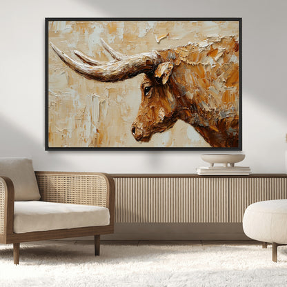 69611428-MGV-CV-36X24-Longhorn Bull Wall Art – Rustic Western Canvas Print, Textured Farmhouse Cattle Painting for Living Room, Office, or Ranch House