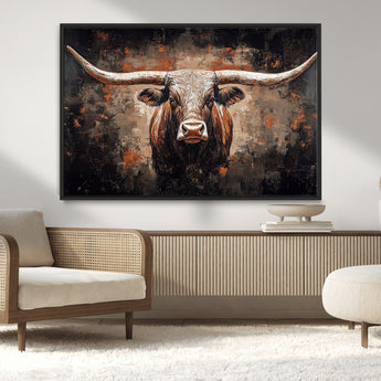 24779067-MGV-CV-36X24-Longhorn Bull Wall Art – Western Rustic Canvas Print, Bold Cowboy Cattle Painting for Ranch House, Farmhouse, Office, or Living