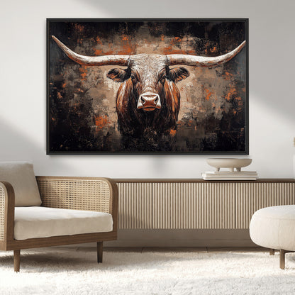 24779067-MGV-CV-36X24-Longhorn Bull Wall Art – Western Rustic Canvas Print, Bold Cowboy Cattle Painting for Ranch House, Farmhouse, Office, or Living