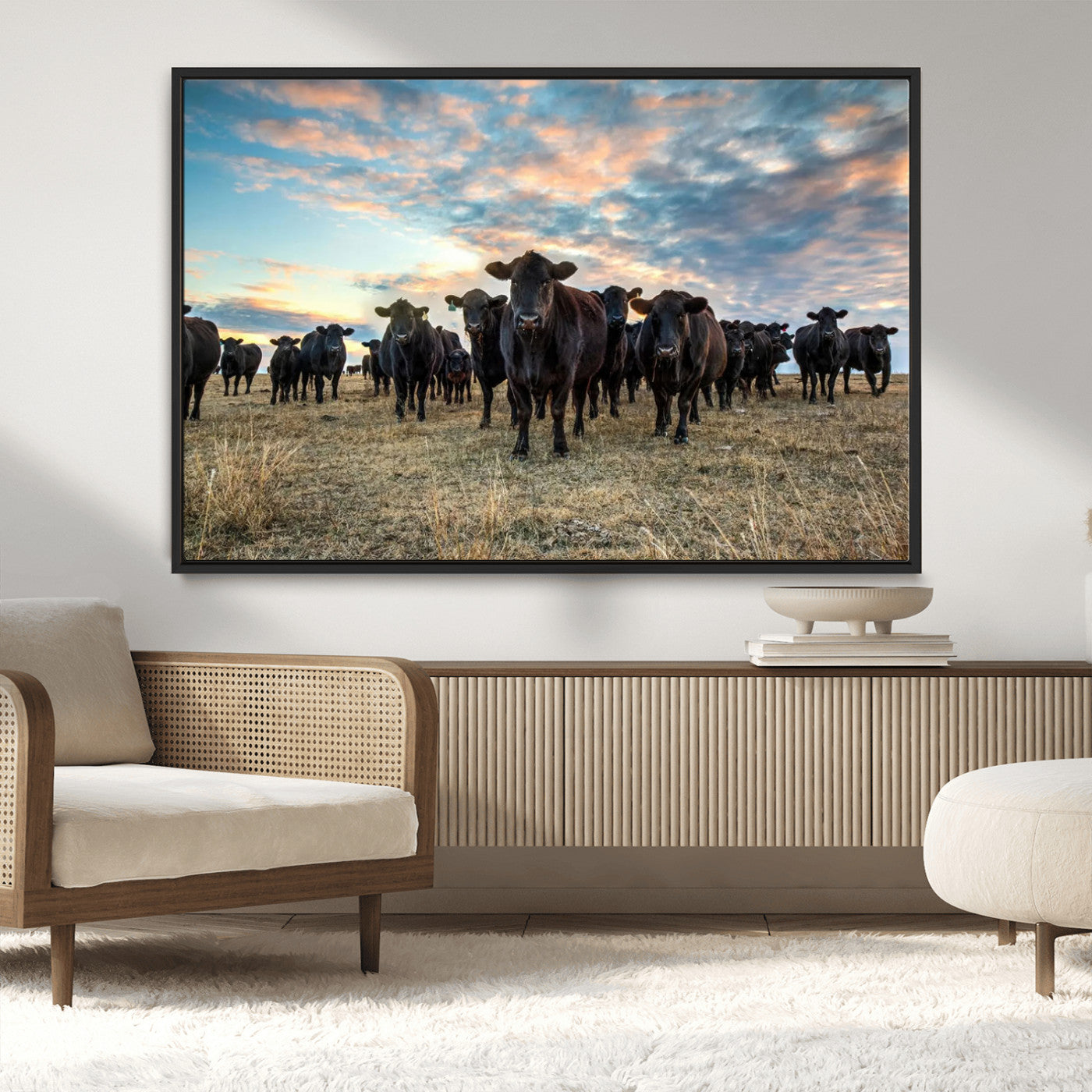 13867292-MGV-CV-36X24-Black Cattle Wall Art – Rustic Ranch Herd Canvas Print, Western Farmhouse Country Landscape Decor for Living Room, Office, or