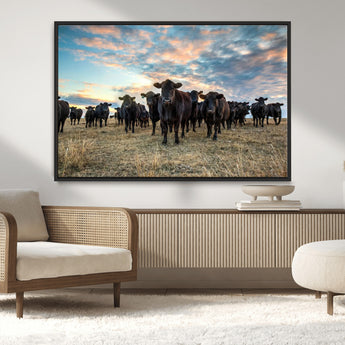 13867292-MGV-CV-36X24-Black Cattle Wall Art – Rustic Ranch Herd Canvas Print, Western Farmhouse Country Landscape Decor for Living Room, Office, or
