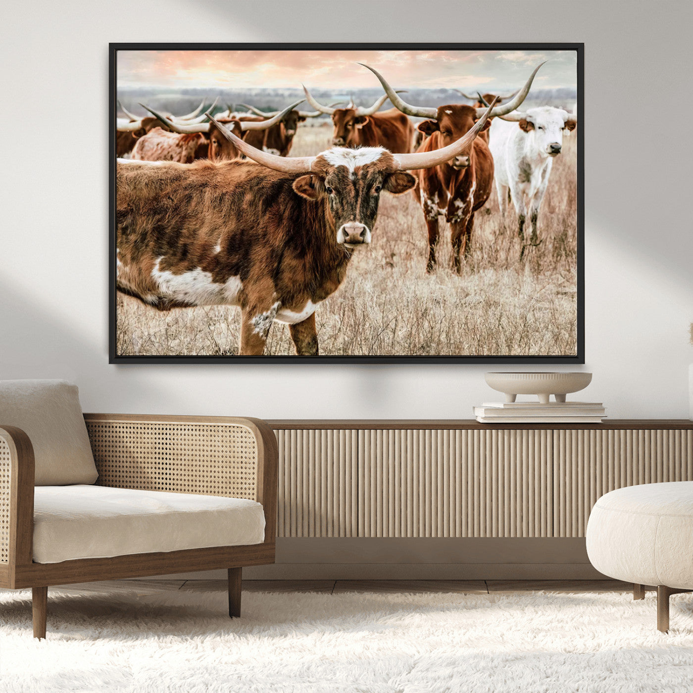 47758300-MGV-CV-36X24-Texas Longhorn Cattle Wall Art – Rustic Western Herd Canvas Print, Cowboy Ranch Farmhouse Decor for Living Room, Office, or