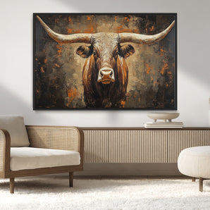 19204445-MGV-CV-36X24-Texas Longhorn Bull Wall Art – Rustic Western Canvas Print, Bold Cowboy Cattle Painting for Ranch House, Farmhouse, Office, or
