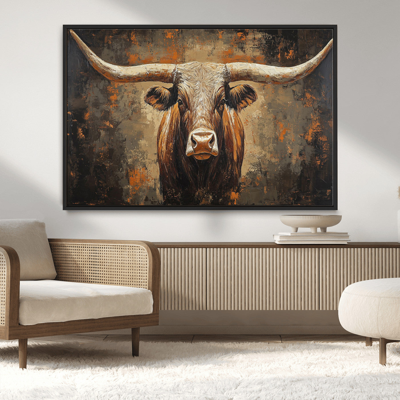 19204445-MGV-CV-36X24-Texas Longhorn Bull Wall Art – Rustic Western Canvas Print, Bold Cowboy Cattle Painting for Ranch House, Farmhouse, Office, or