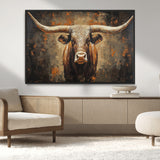 19204445-MGV-CV-36X24-Texas Longhorn Bull Wall Art – Rustic Western Canvas Print, Bold Cowboy Cattle Painting for Ranch House, Farmhouse, Office, or