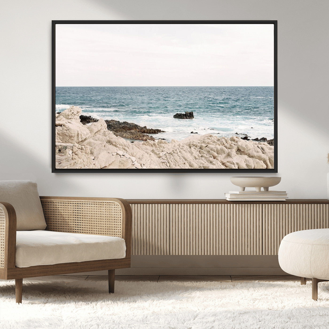 25481980-MGV-CV-36X24-Ocean Coastal Wall Art – Rocky Shoreline and Waves Canvas Print, Serene Beach Landscape Decor for Living Room, Bedroom, or Office