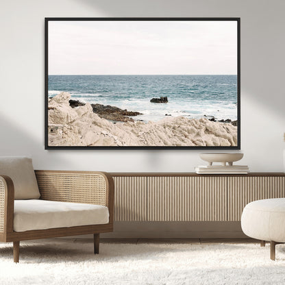25481980-MGV-CV-36X24-Ocean Coastal Wall Art – Rocky Shoreline and Waves Canvas Print, Serene Beach Landscape Decor for Living Room, Bedroom, or Office