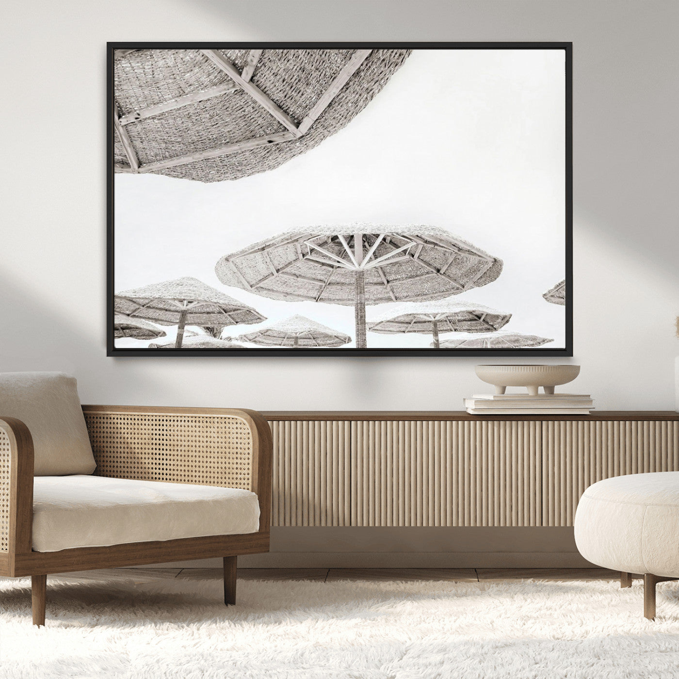 97043123-MGV-CV-36X24-Beach Umbrella Wall Art – Minimalist Coastal Canvas Print, Woven Parasol Summer Decor for Bedroom, Living Room, or Modern Beach