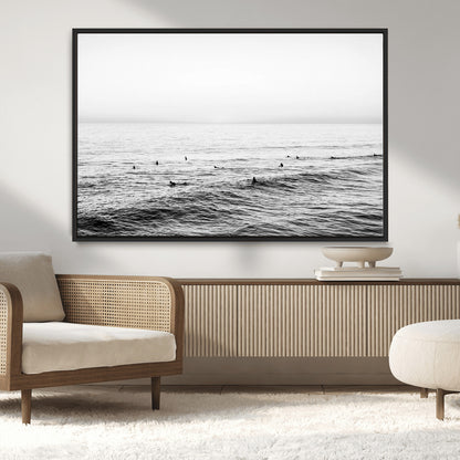 47208268-MGV-CV-36X24-Surfer Ocean Wall Art – Black and White Coastal Canvas Print, Minimalist Surfing Seascape Decor for Living Room, Bedroom, or Beach