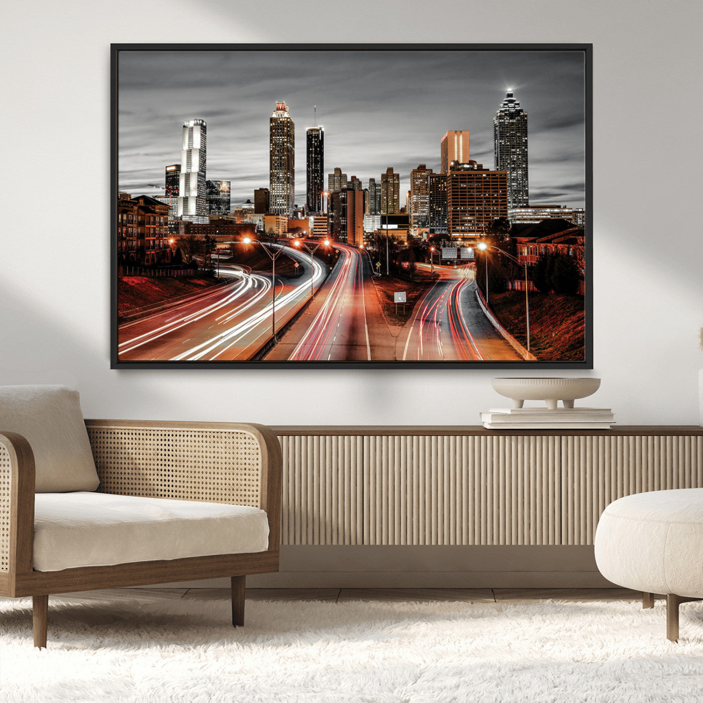 59097239-MGV-CV-36X24-City Skyline Wall Art – Modern Black and White Night Canvas Print with Red Light Trails, Urban Landscape Decor for Living Room or