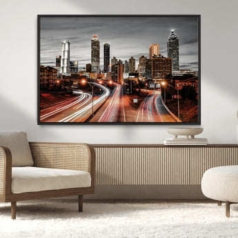 59097239-MGV-CV-36X24-City Skyline Wall Art – Modern Black and White Night Canvas Print with Red Light Trails, Urban Landscape Decor for Living Room or