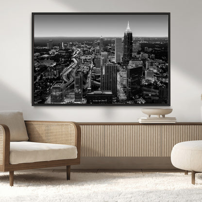 46578567-MGV-CV-36X24-Atlanta Skyline Wall Art – Black and White Cityscape Canvas Print, Modern Urban Night Decor for Office, Living Room, or Apartment