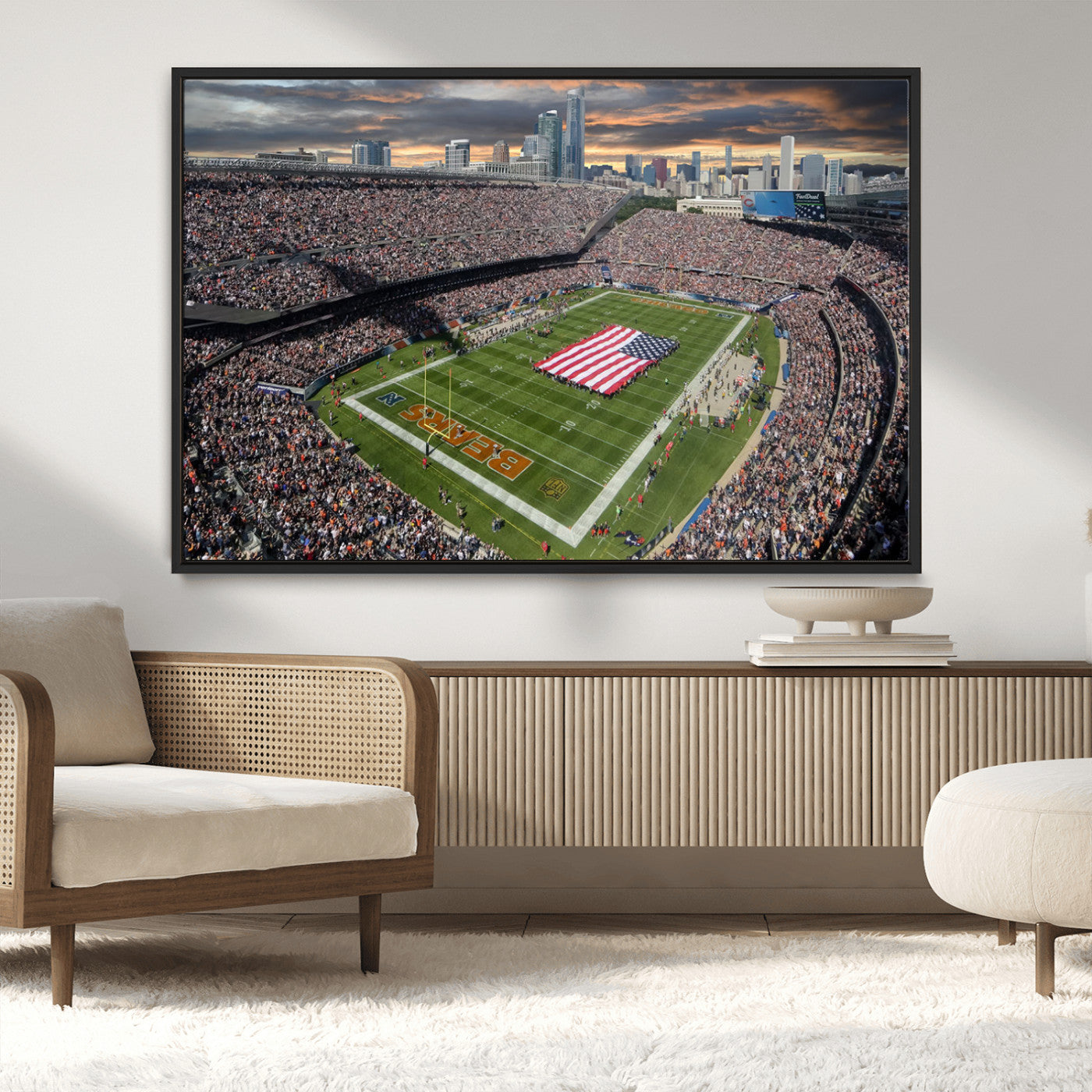 98106777-MGV-CV-36X24-Soldier Field Wall Art – Chicago Bears Stadium Canvas Print with American Flag, Game Day Football Decor for Man Cave, Bar, or