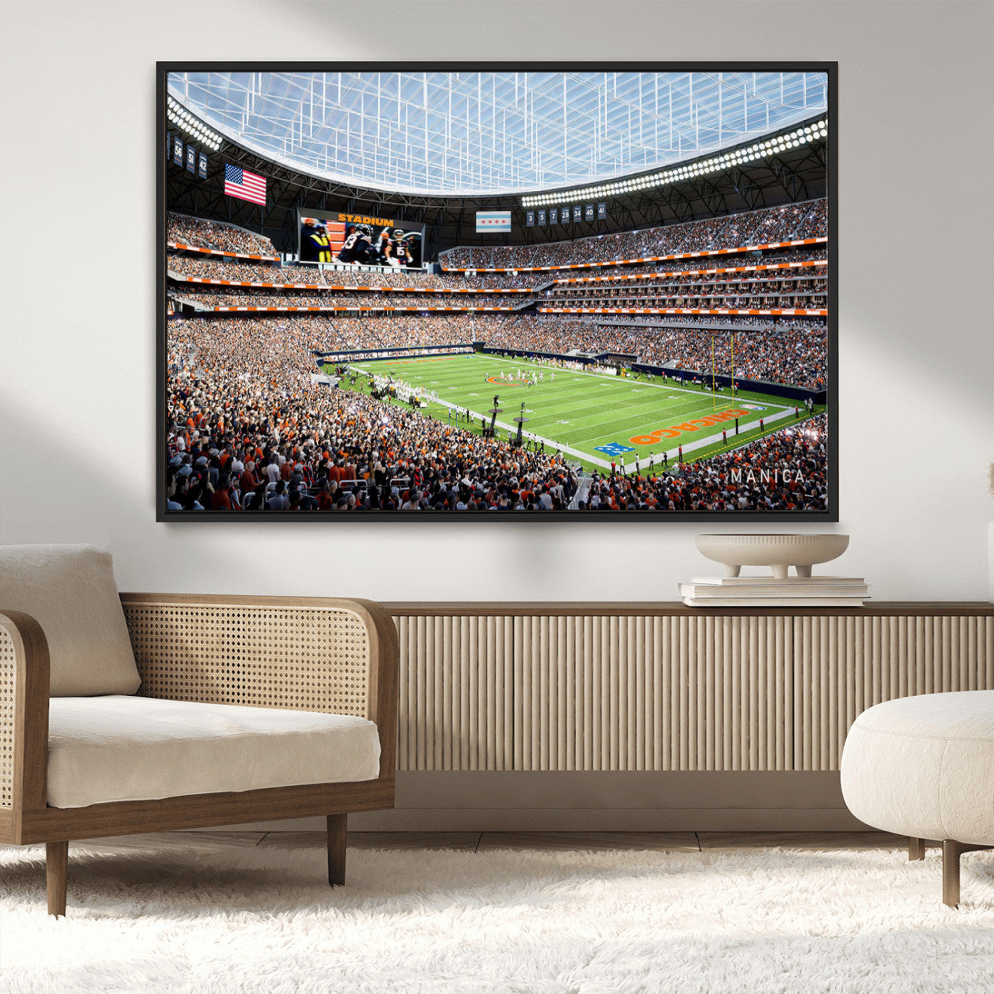 32530647-MGV-CV-36X24-Chicago Bears Stadium Wall Art – Futuristic Dome Arena Canvas Print, Modern Football Concept Design Decor for Man Cave, Bar, or