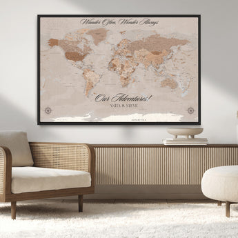95243244-MGV-CV-36X24-Wander Often Wonder Always World Map Wall Art – Neutral Beige Adventure Canvas Print, Rustic Boho Travel Decor for Bedroom, Living