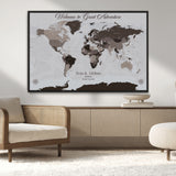 43749658-MGV-CV-36X24-Welcome to Great Adventure World Map Wall Art – Charcoal Gray Canvas Print, Rustic Travel Decor for Living Room, Study, Office or