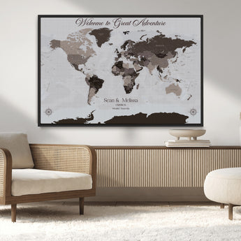 43749658-MGV-CV-36X24-Welcome to Great Adventure World Map Wall Art – Charcoal Gray Canvas Print, Rustic Travel Decor for Living Room, Study, Office or