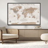 63516865-MGV-CV-36X24-Explore Dream Discover World Map Wall Art – Inspirational Travel Adventure Canvas Print, Neutral Parchment Style Explorer Decor