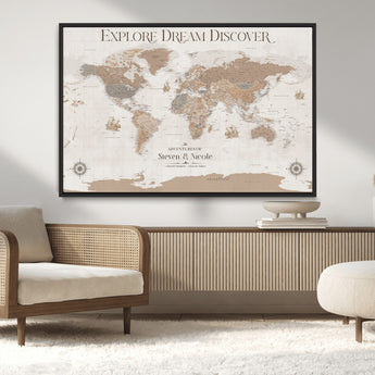 63516865-MGV-CV-36X24-Explore Dream Discover World Map Wall Art – Inspirational Travel Adventure Canvas Print, Neutral Parchment Style Explorer Decor