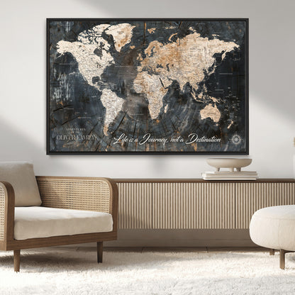 37848568-MGV-CV-36X24-Life is a Journey Not a Destination World Map Rustic Wood Texture Vintage Beige Navy Adventure Wall Art Canvas Print for Home