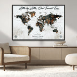 88337180-MGV-CV-36X24-Little by Little One Travels Far Tolkien Quote World Map Rustic Black Brown Adventure Wall Art Canvas Print for Home Office Living