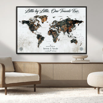 88337180-MGV-CV-36X24-Little by Little One Travels Far Tolkien Quote World Map Rustic Black Brown Adventure Wall Art Canvas Print for Home Office Living