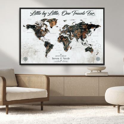 88337180-MGV-CV-36X24-Little by Little One Travels Far Tolkien Quote World Map Rustic Black Brown Adventure Wall Art Canvas Print for Home Office Living