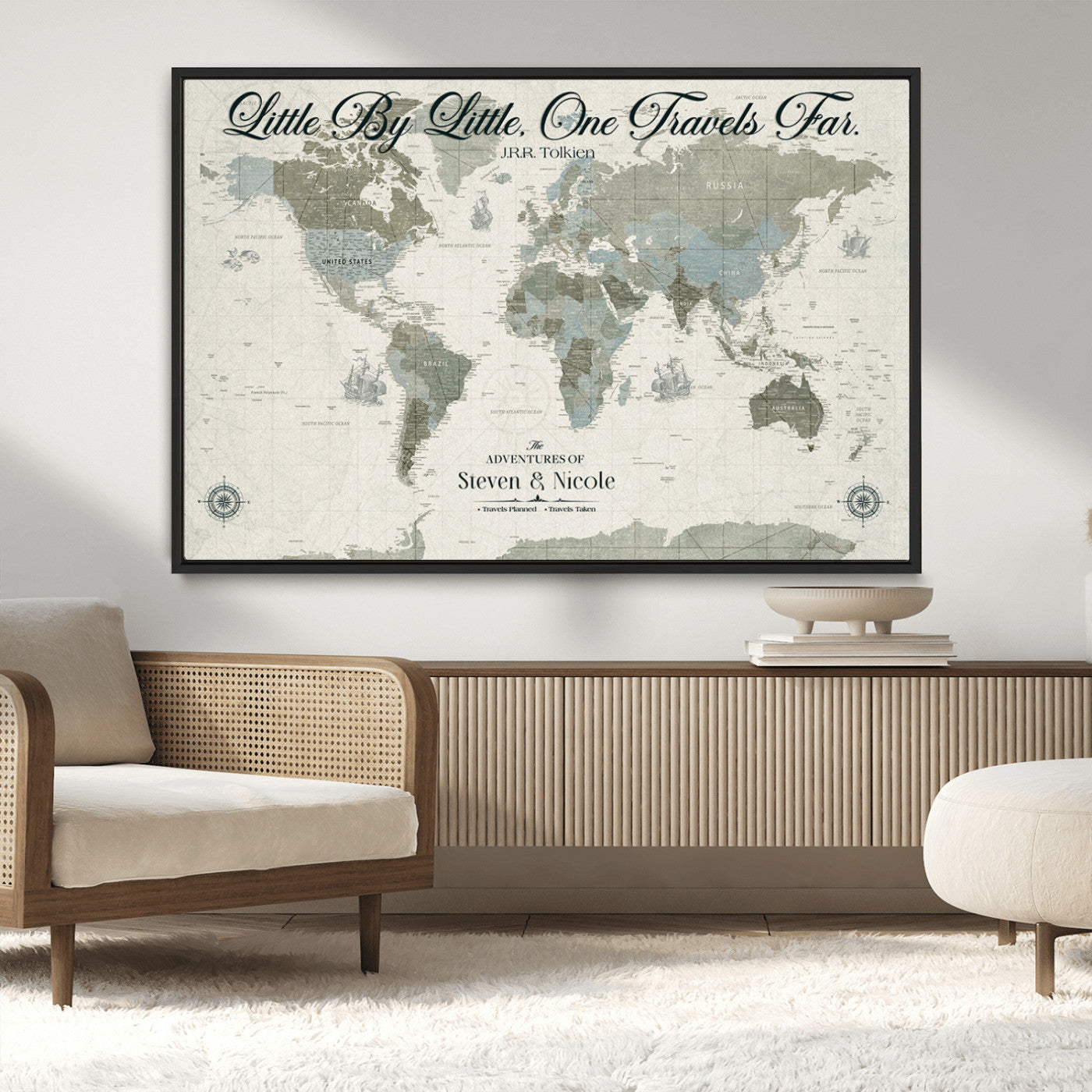 10693204-MGV-CV-36X24-Little By Little One Travels Far Tolkien Quote Blue Green World Map Adventure Wall Art Canvas Print Rustic Wanderlust Travel Decor