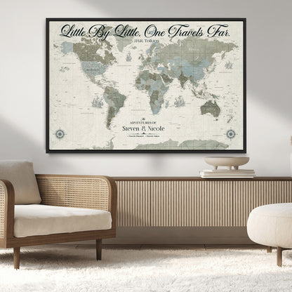 10693204-MGV-CV-36X24-Little By Little One Travels Far Tolkien Quote Blue Green World Map Adventure Wall Art Canvas Print Rustic Wanderlust Travel Decor