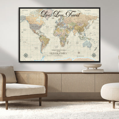 19479008-MGV-CV-36X24-Live Love Travel Wall Art – Detailed World Map Canvas Print, Adventure Decor for Living Room, Office or Bedroom, Travel Gift for