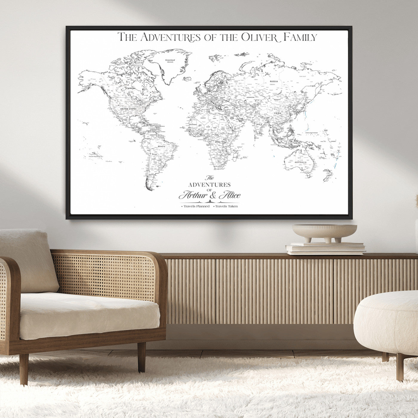 21029247-MGV-CV-36X24-Minimalist World Map Wall Art – Black and White Travel Adventure Print, Modern Family Travel Map Decor for Living Room, Bedroom,