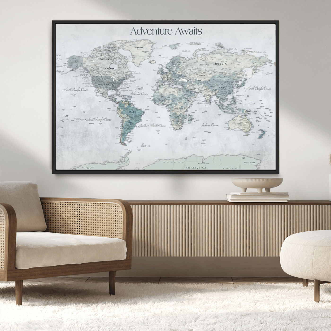 TEST111-MGV-CV-36X24-Personalized Adventure Awaits Push Pin World Map – Custom Framed Travel Tracker Canvas Wall Art for Home, Office