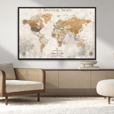 99422096-MGV-CV-36X24-Adventure Awaits World Map Wall Art – Neutral Beige Canvas Print, Modern Travel Inspired Wall Decor for Living Room, Bedroom or