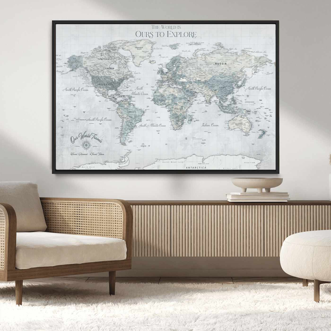 94249974-MGV-CV-36X24-Ours Explore World Map Wall Art – Modern Travel Canvas Print, Neutral Adventure Decor for Living Room, Office, Study, Bedroom,
