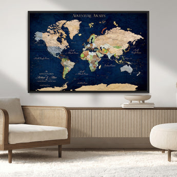 43160428-MGV-CV-36X24-Adventure Awaits Navy Blue World Map – Vibrant Travel Canvas Wall Art, Antique Atlas Print, Wanderlust Decor for Home Office