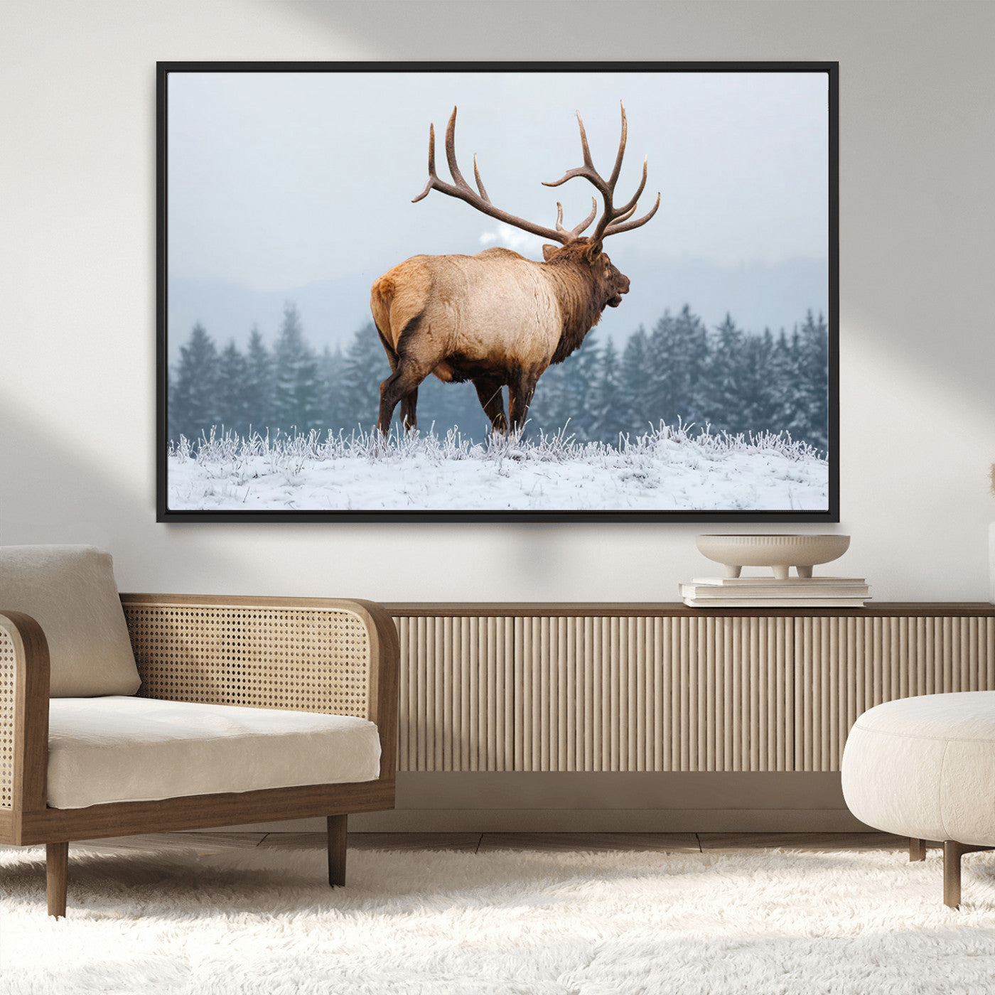 85177251-MGV-CV-36X24-Elk Wall Art – Majestic Wildlife Canvas Print of Bull Elk Snowy Forest, Rustic Nature Decor for Living Room, Cabin, or Office