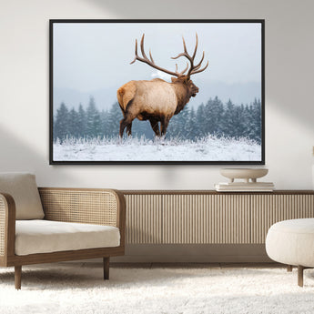 85177251-MGV-CV-36X24-Elk Wall Art – Majestic Wildlife Canvas Print of Bull Elk Snowy Forest, Rustic Nature Decor for Living Room, Cabin, or Office