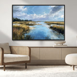 87082041-MGV-CV-36X24-Painted Marshland Canvas Wall Art – Serene Water Reflection, Blue Sky, Golden Grass Landscape, Calm Nature Decor for Home, Office,
