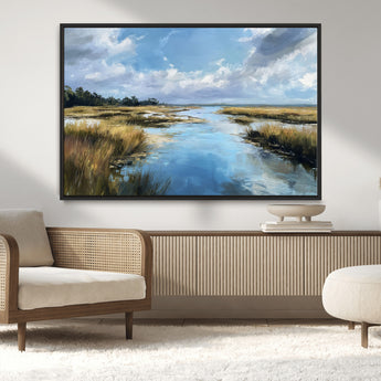 87082041-MGV-CV-36X24-Marshland Landscape Wall Art – Serene Nature Canvas Print with Blue Sky and Reflections, Tranquil Scenic Painting for Living Room,