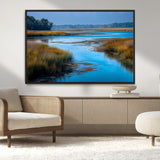 26300004-MGV-CV-36X24-Marshland Landscape Wall Art – Scenic Nature Canvas Print with Golden Grass and Blue Water, Peaceful River Photography for Living