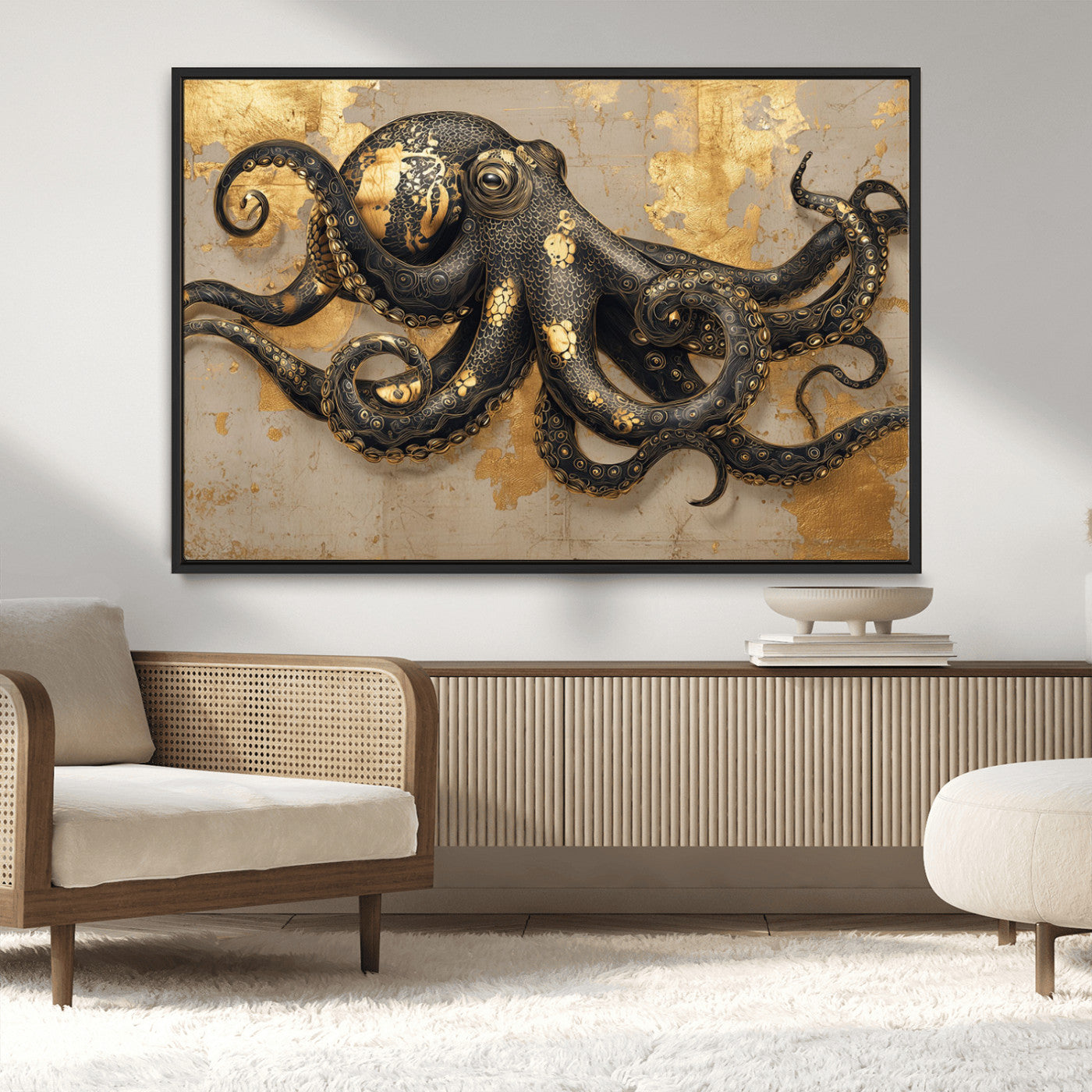 57944271-MGV-CV-36X24-Octopus Canvas Wall Art – Black & Gold Textured Tentacles, Marine Life Ocean Creature, Nautical Decor, Artistic Vintage Style for