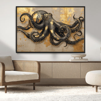 57944271-MGV-CV-36X24-Octopus Wall Art – Black and Gold Nautical Canvas Print, Modern Ocean Inspired Artwork with Elegant Detailing, Coastal Marine